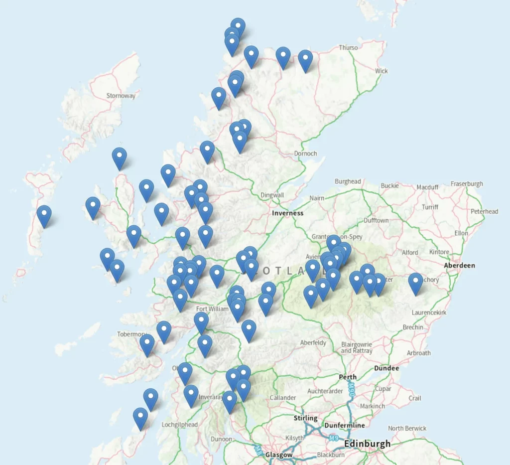 La mappa dei Bothy di Scozia sul sito della Mountain Bothies Association